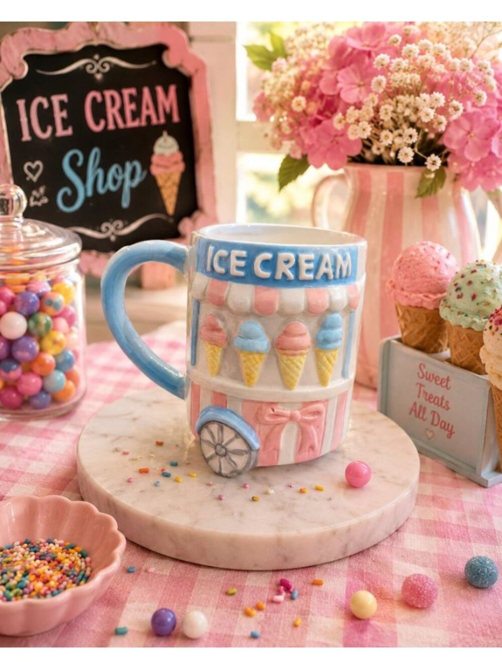 New Pink & Blue Ceramic Ice Cream Stand Parlor Cute Tea Coffee Mug Cup